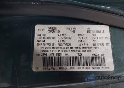 1996 Dodge Ram Van B1500 z USA, uszkodzony, nr VIN 2B7HB11X4TK184229